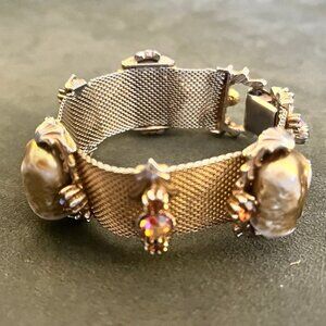 Vintage Gold Tone Mesh Faux Pearl and Rhinestone Bracelet